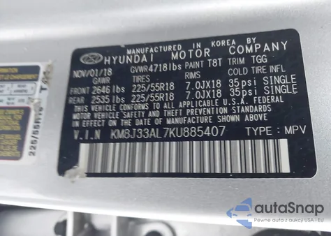 2019 Hyundai Tucson Sel z USA, uszkodzony, nr VIN KM8J33AL7KU885407